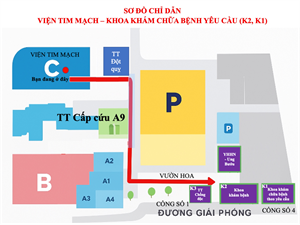 Sơ đồ chỉ dẫn Viện Tim mạch - Khoa Khám chữa bệnh yêu cầu (K2,K1)